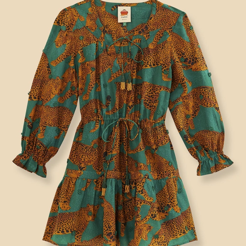 FARM Rio Green and Mustard Leopard Print Mini Dress